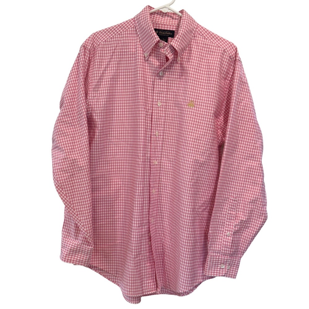 Brooks Brothers Mens Pink Gingham Supima Cotton Button Down Shirt Medium Logo